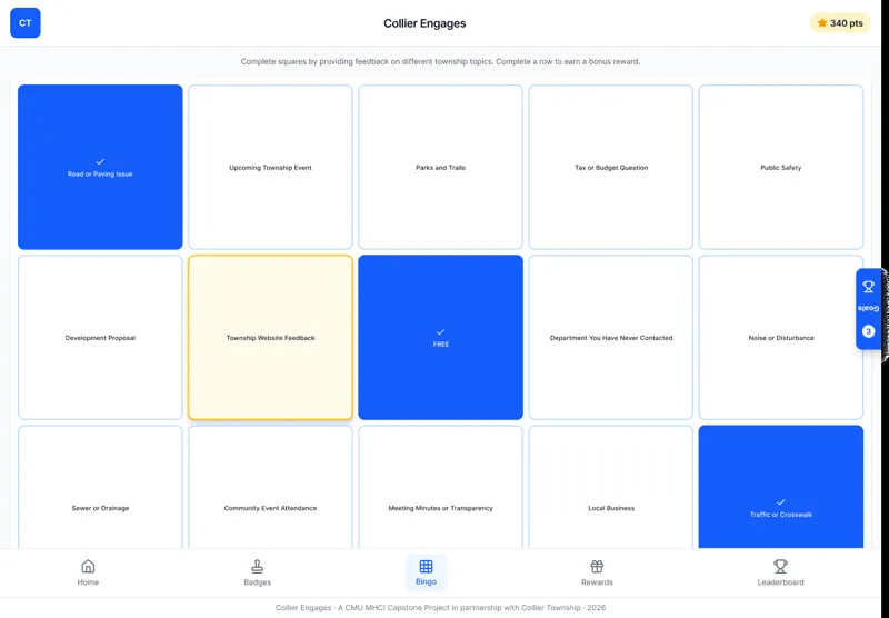 Collier Engages: my civic bingo prototype, points for giving feedback