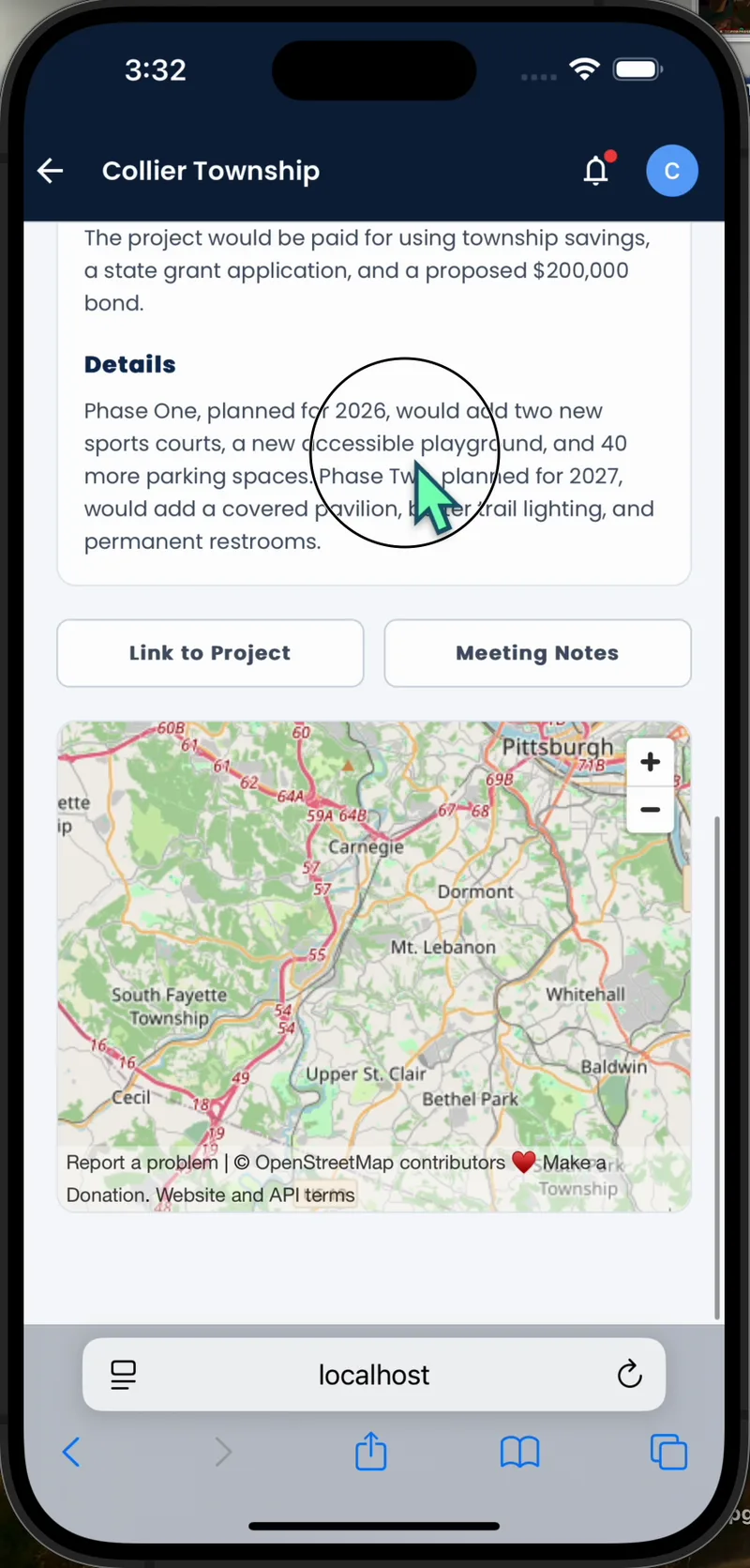 Mobile: a project page with its details and map