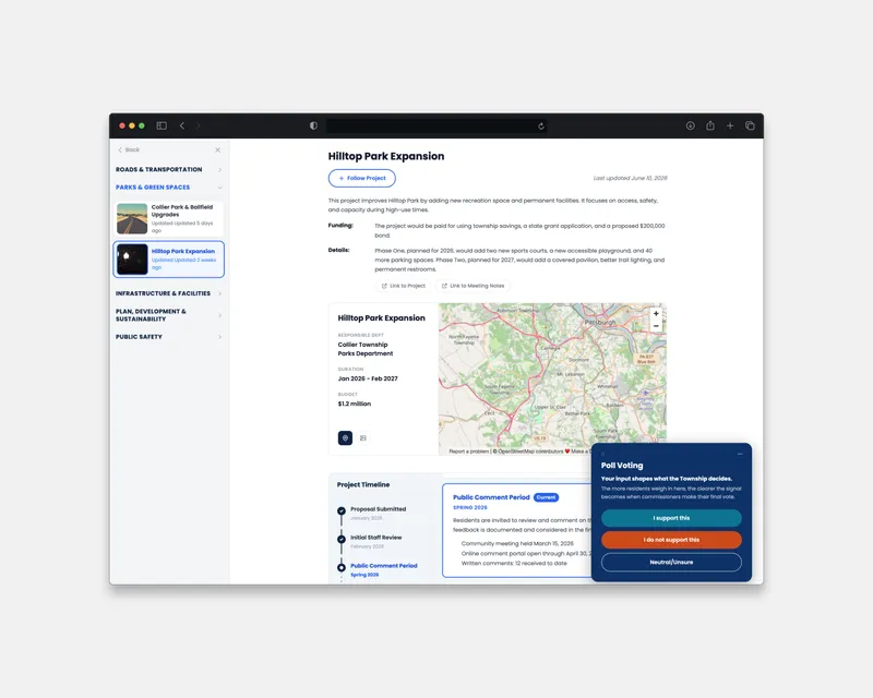 Collier Blueprint: a project page with its timeline, map and poll