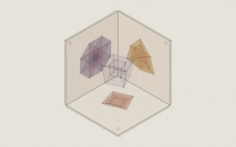 Room view: a hypercube in the corner of a room, casting three shadows that disagree