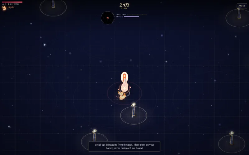 A run in the Verse stage: the wisp and its familiar among beacons on a star-chart field